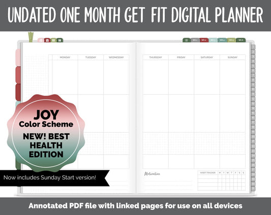 NEW! Undated Get Fit One Month Digital Planner | Joy - Best Health Edition | GoodNotes, iPad & Android | Fitness, Self-Care