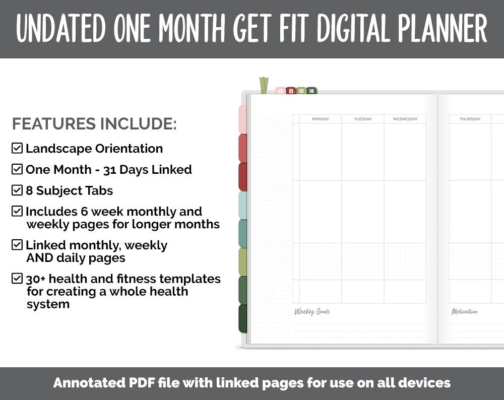 NEW! Undated Get Fit One Month Digital Planner | Joy - Best Health Edition | GoodNotes, iPad & Android | Fitness, Self-Care