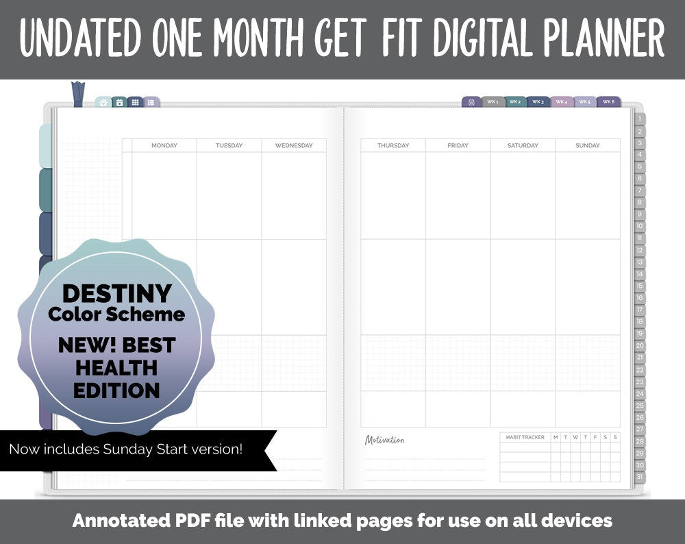 NEW! Undated Get Fit One Month Digital Planner | Destiny Theme - Best Health Edition | GoodNotes, iPad & Android | Fitness, Self-Care