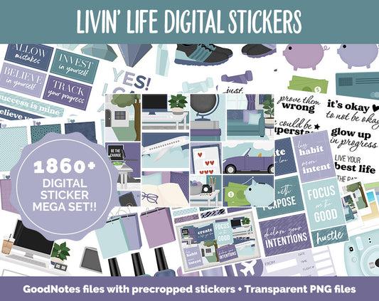 Livin' Life Digital Sticker Mega Bundle | GoodNotes & iPad | New Year, January, Goals, Vision Board, Travel, Errands, Adulting, Tasks