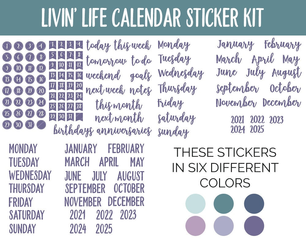 Livin' Life Calendar Essentials Digital Planner Stickers | GoodNotes, iPad and Android | Dates, Days of the Week, Months