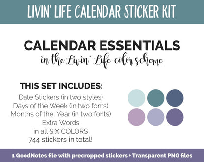 Livin' Life Calendar Essentials Digital Planner Stickers | GoodNotes, iPad and Android | Dates, Days of the Week, Months