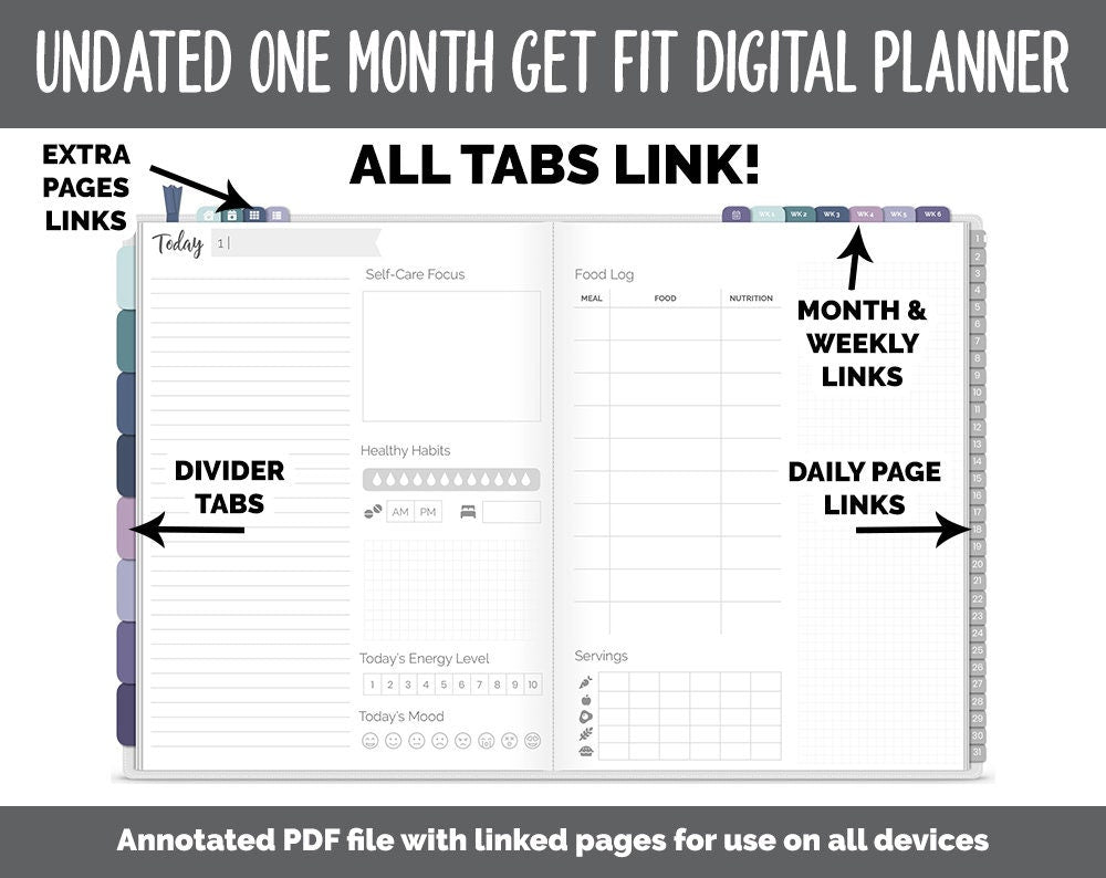 NEW! Undated Get Fit One Month Digital Planner | Destiny Theme - Best Health Edition | GoodNotes, iPad & Android | Fitness, Self-Care