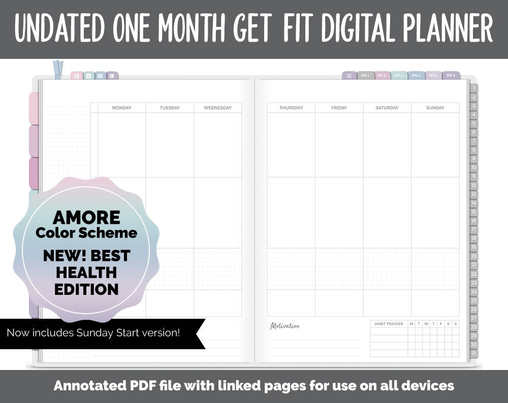 NEW! Undated Get Fit One Month Digital Planner | Amore Theme - Best Health Edition | GoodNotes, iPad & Android | Fitness, Self-Care