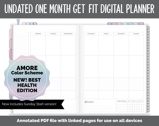 NEW! Undated Get Fit One Month Digital Planner | Amore Theme - Best Health Edition | GoodNotes, iPad & Android | Fitness, Self-Care