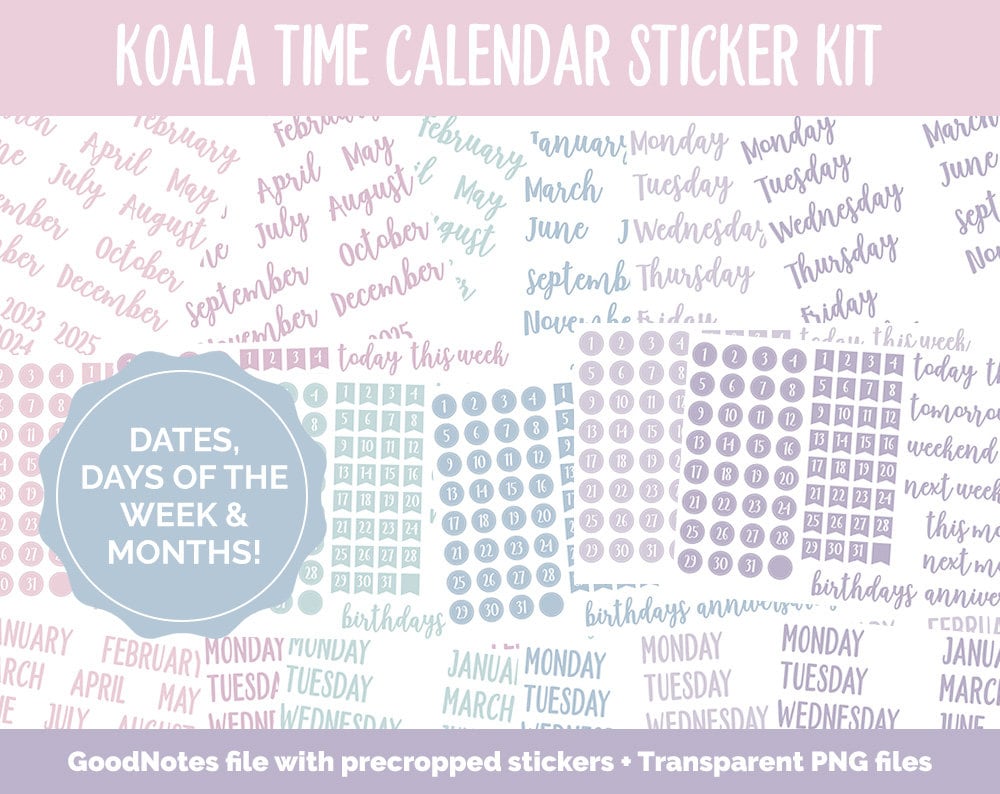 Koala Time Calendar Essentials Digital Planner Stickers | GoodNotes, iPad and Android | Dates, Days of the Week, Months