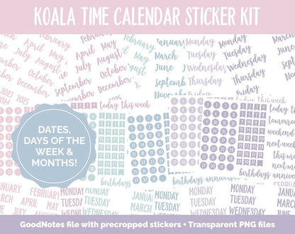 Koala Time Calendar Essentials Digital Planner Stickers | GoodNotes, iPad and Android | Dates, Days of the Week, Months