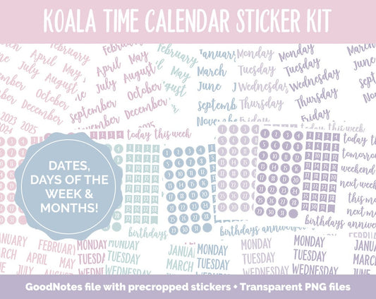 Koala Time Calendar Essentials Digital Planner Stickers | GoodNotes, iPad and Android | Dates, Days of the Week, Months