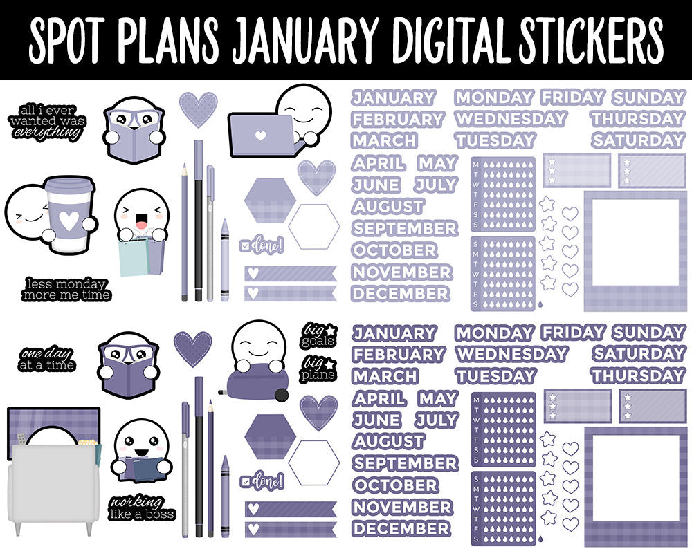 Spot Plans January Digital Stickers | GoodNotes, iPad and Android | New Year, Goals, Winter, Adulting, Planning