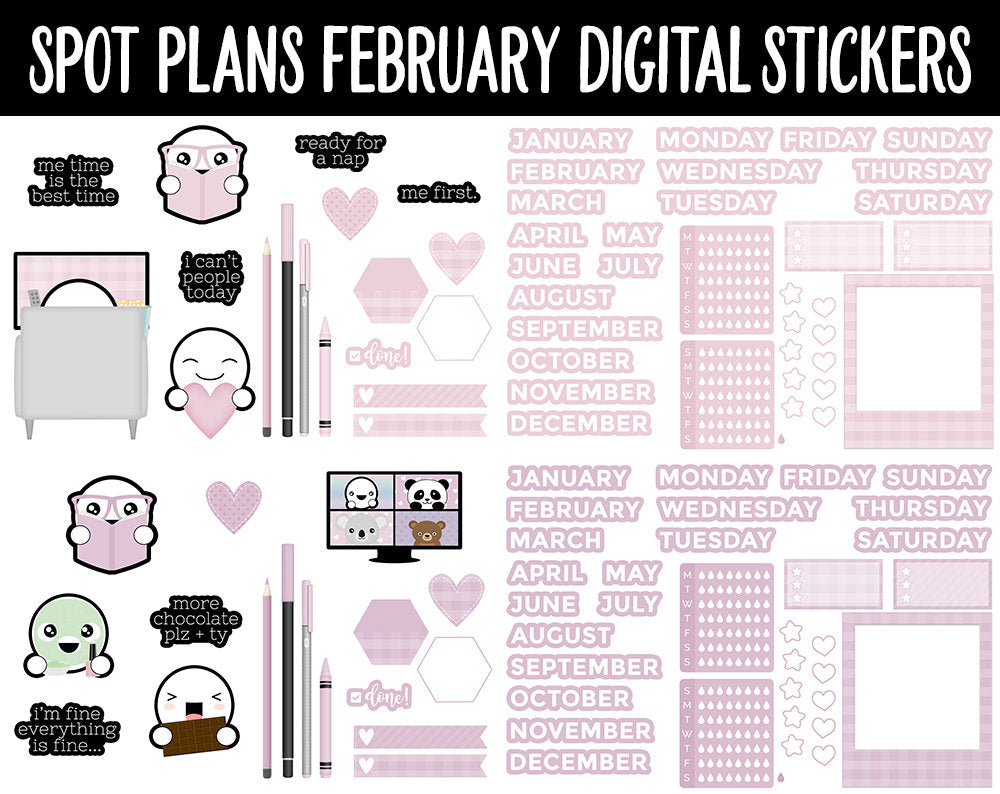 Spot Plans February Digital Stickers | GoodNotes, iPad and Android | Valentine, Self-Love, Adulting, Planning