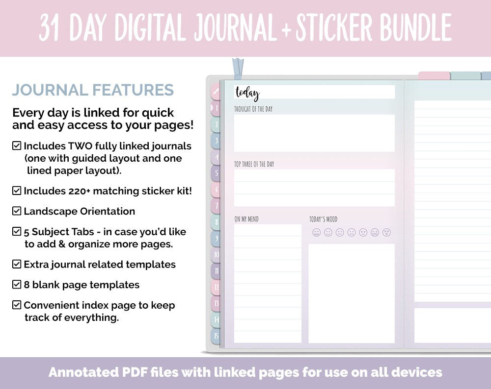 31 Day Digital Journal + Sticker Bundle | Amore Theme