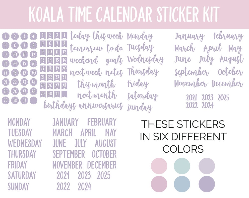 Koala Time Calendar Essentials Digital Planner Stickers | GoodNotes, iPad and Android | Dates, Days of the Week, Months