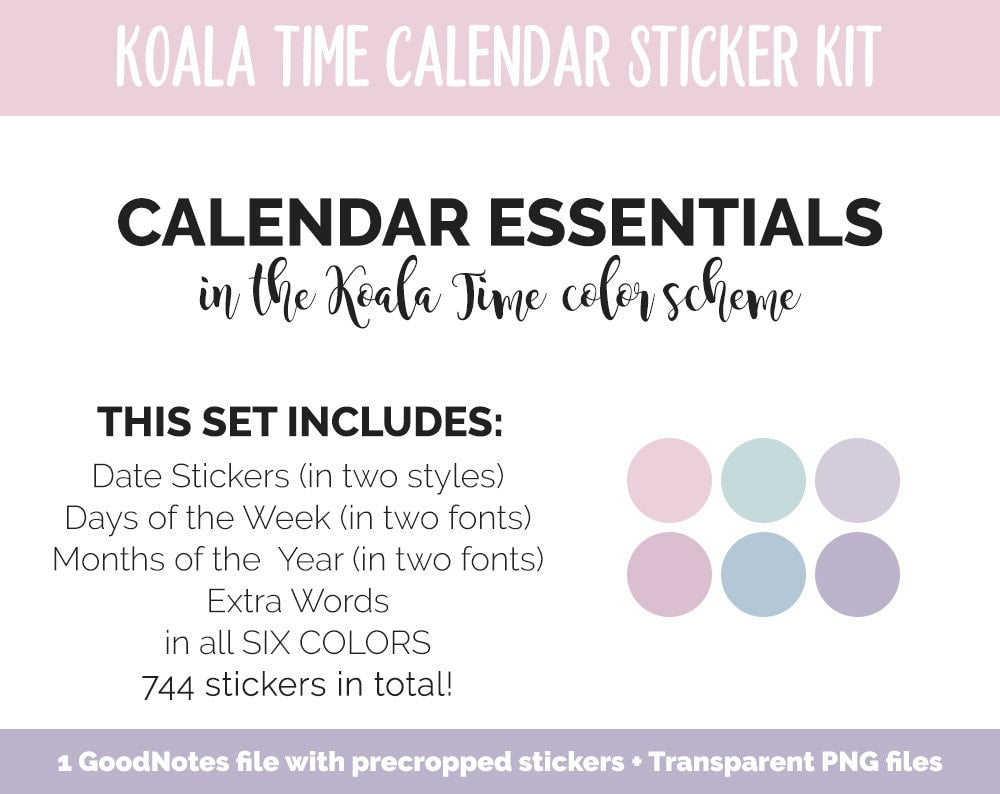Koala Time Calendar Essentials Digital Planner Stickers | GoodNotes, iPad and Android | Dates, Days of the Week, Months
