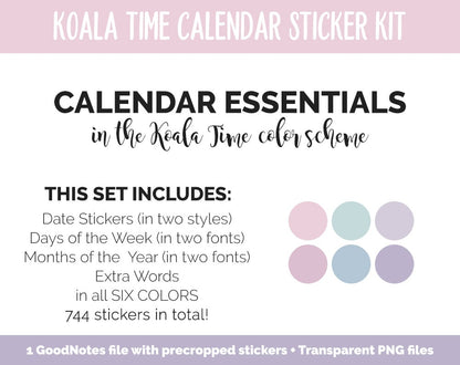 Koala Time Calendar Essentials Digital Planner Stickers | GoodNotes, iPad and Android | Dates, Days of the Week, Months