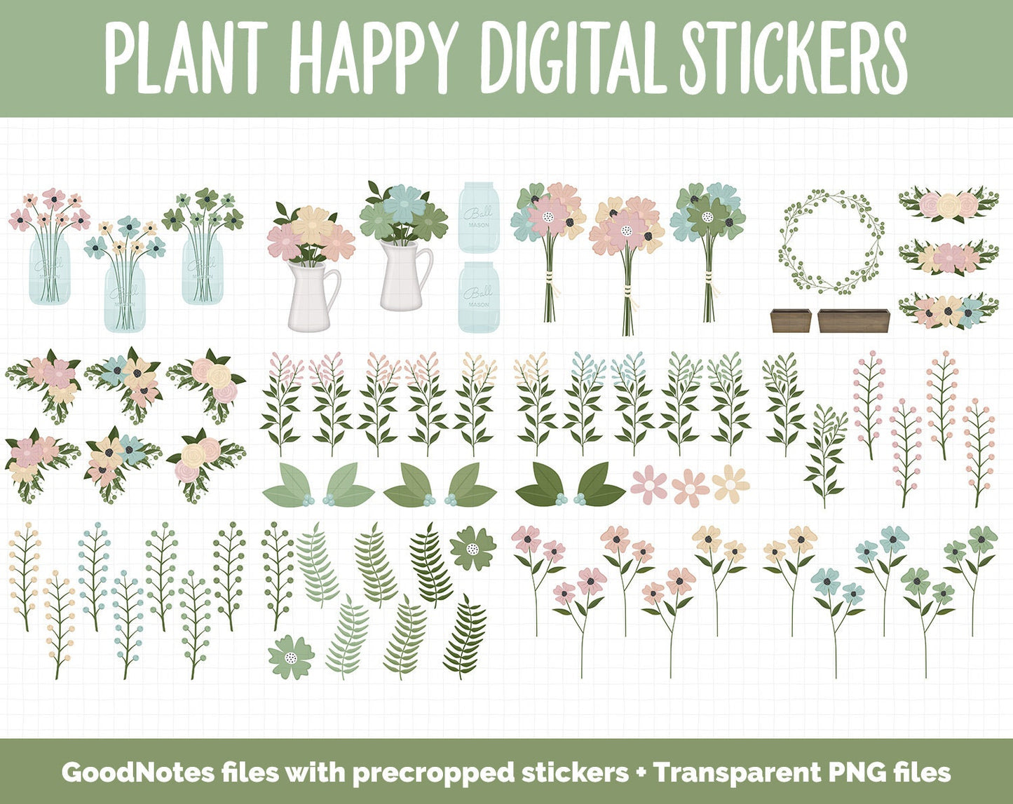 Plant Happy Digital Sticker Mega Bundle | GoodNotes & iPad | March, Growth, Floral, Spring, Goals, Tasks