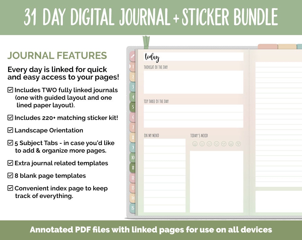 31 Day Digital Journal + Sticker Bundle | Flourish Theme
