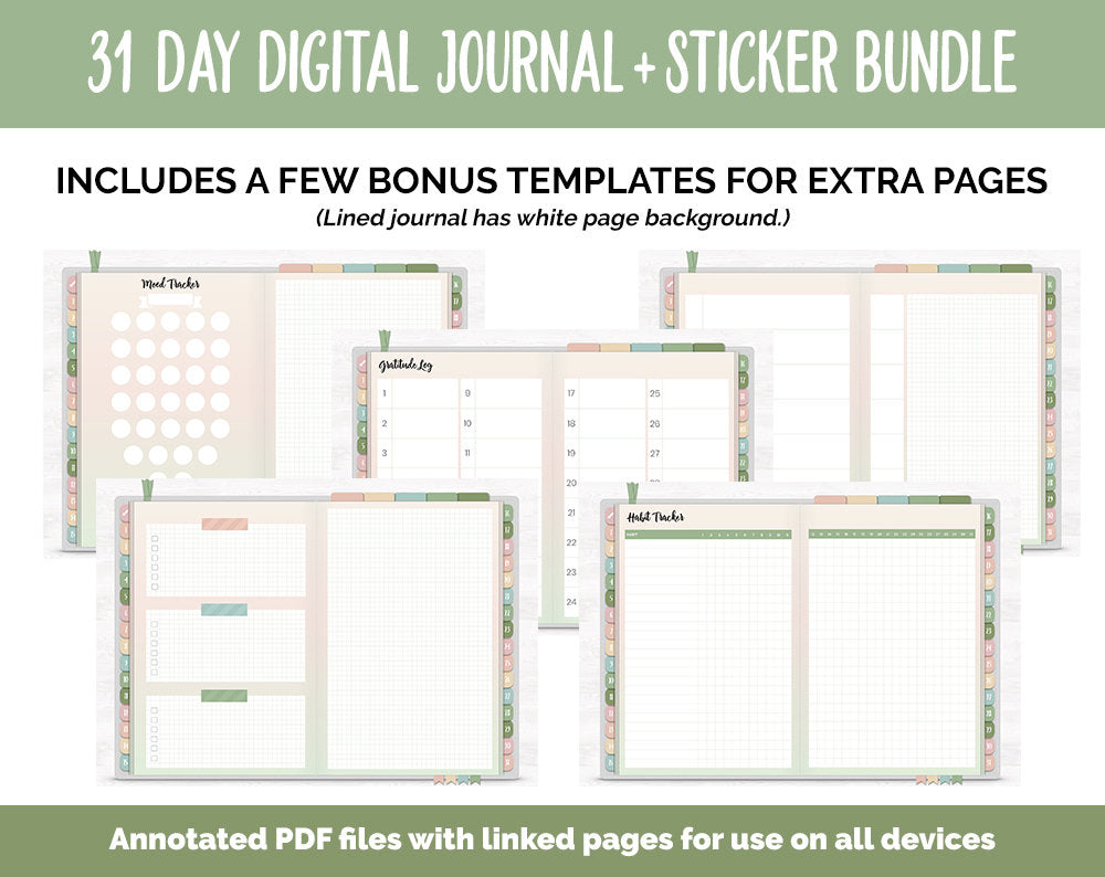 31 Day Digital Journal + Sticker Bundle | Flourish Theme