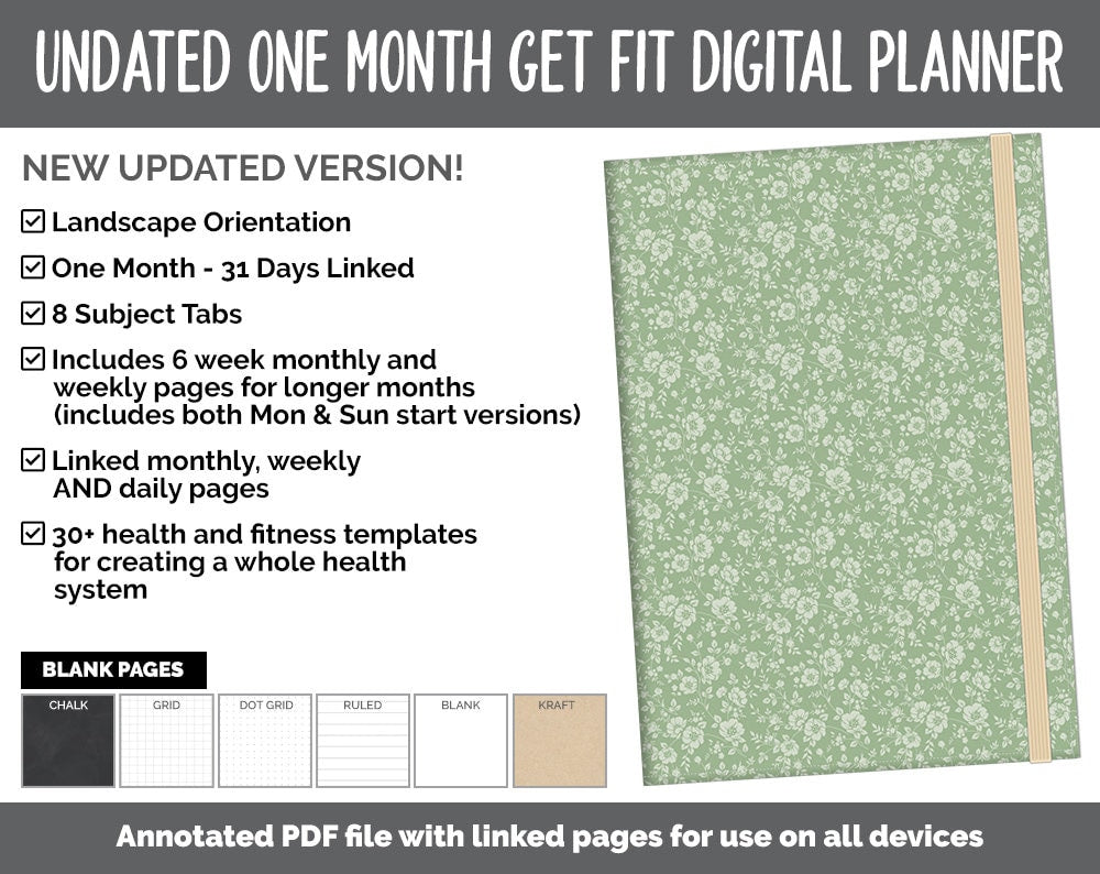 NEW! Undated Get Fit One Month Digital Planner | Flourish Theme - Best Health Edition | GoodNotes, iPad & Android | Fitness, Self-Care