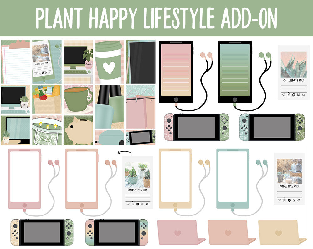 Plant Happy Lifestyle Add-On Digital Stickers | GoodNotes & iPad | TV, Playlist, Travel, Reading, Work, Groceries