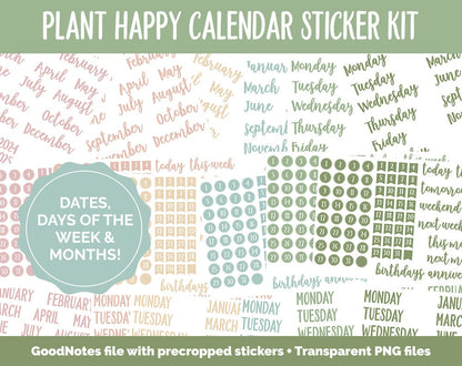 Plant Happy Calendar Essentials Digital Planner Stickers | GoodNotes, iPad and Android | Dates, Days of the Week, Months