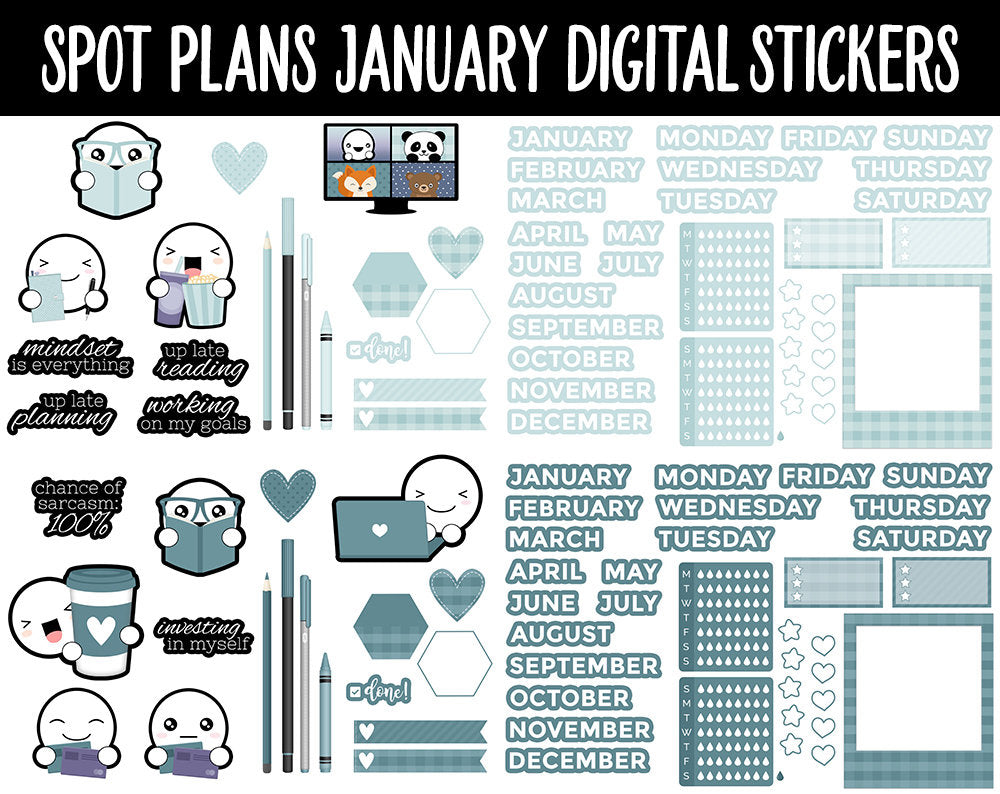 Spot Plans January Digital Stickers | GoodNotes, iPad and Android | New Year, Goals, Winter, Adulting, Planning