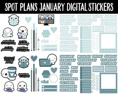 Spot Plans January Digital Stickers | GoodNotes, iPad and Android | New Year, Goals, Winter, Adulting, Planning