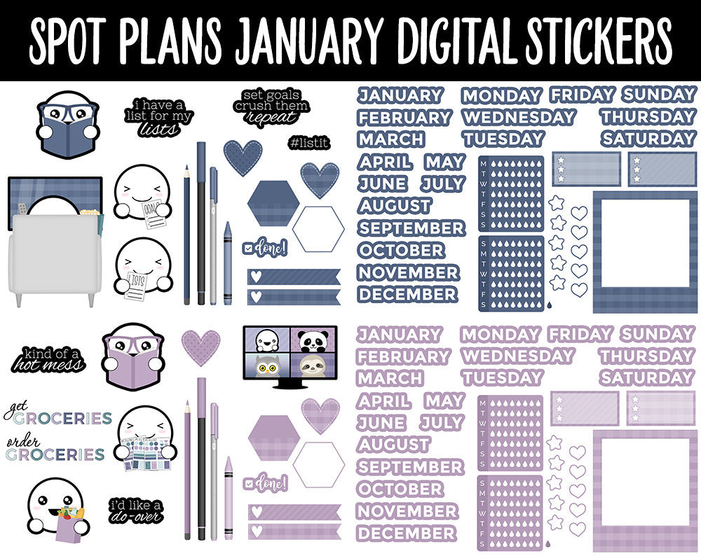 Spot Plans January Digital Stickers | GoodNotes, iPad and Android | New Year, Goals, Winter, Adulting, Planning