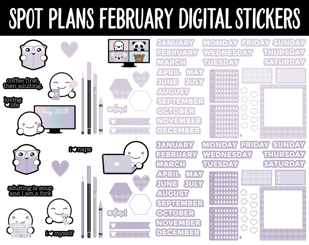 Spot Plans February Digital Stickers | GoodNotes, iPad and Android | Valentine, Self-Love, Adulting, Planning