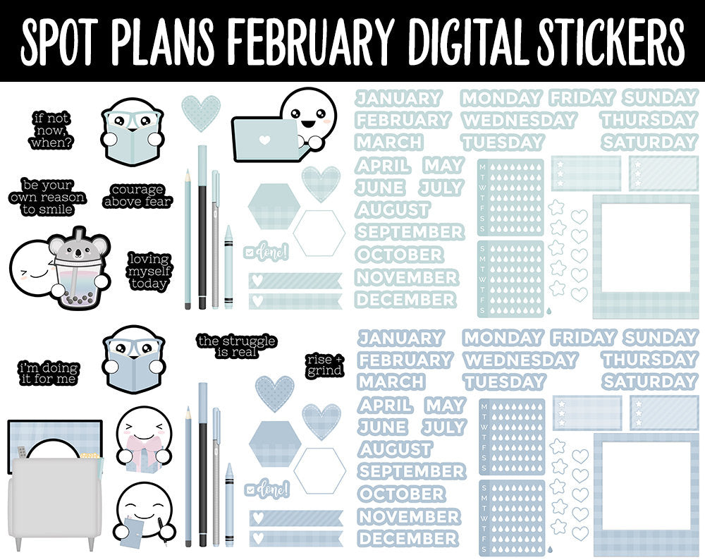 Spot Plans February Digital Stickers | GoodNotes, iPad and Android | Valentine, Self-Love, Adulting, Planning