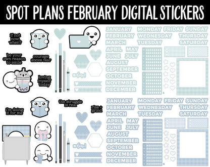 Spot Plans February Digital Stickers | GoodNotes, iPad and Android | Valentine, Self-Love, Adulting, Planning
