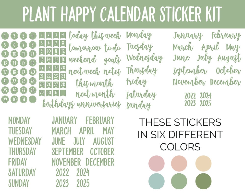 Plant Happy Calendar Essentials Digital Planner Stickers | GoodNotes, iPad and Android | Dates, Days of the Week, Months