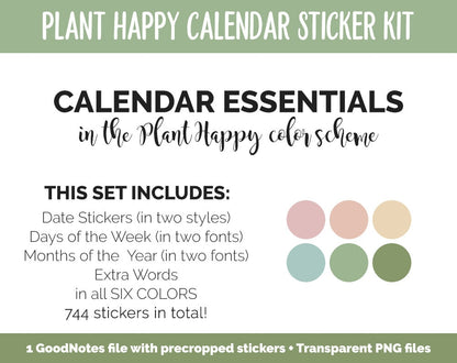 Plant Happy Calendar Essentials Digital Planner Stickers | GoodNotes, iPad and Android | Dates, Days of the Week, Months