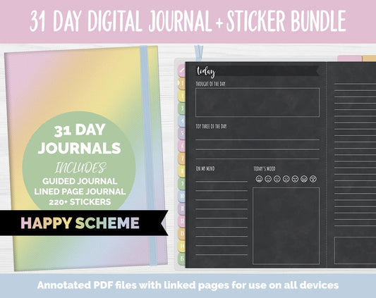 31 Day Digital Journal + Sticker Bundle | Happy Theme