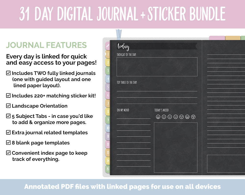 31 Day Digital Journal + Sticker Bundle | Happy Theme