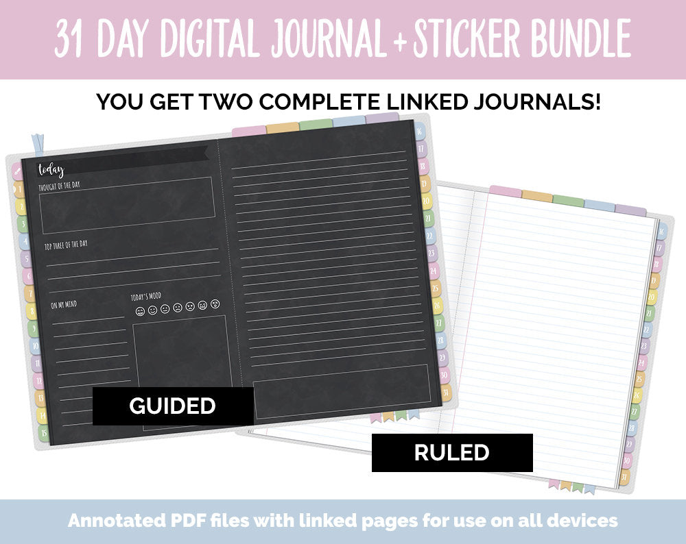 31 Day Digital Journal + Sticker Bundle | Happy Theme
