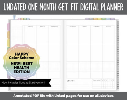 NEW! Undated Get Fit One Month Digital Planner | Happy Theme - Best Health Edition | GoodNotes, iPad & Android | Fitness, Self-Care