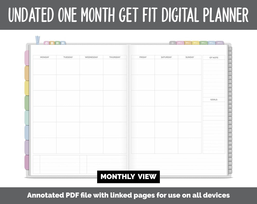 NEW! Undated Get Fit One Month Digital Planner | Happy Theme - Best Health Edition | GoodNotes, iPad & Android | Fitness, Self-Care