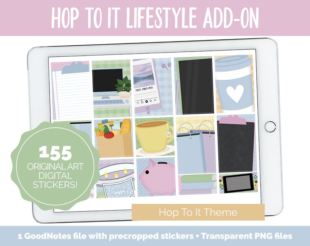 Hop to It Lifestyle Add-On Digital Stickers | GoodNotes & iPad | TV, Playlist, Travel, Reading, Work, Groceries
