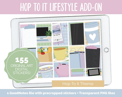 Hop to It Lifestyle Add-On Digital Stickers | GoodNotes & iPad | TV, Playlist, Travel, Reading, Work, Groceries