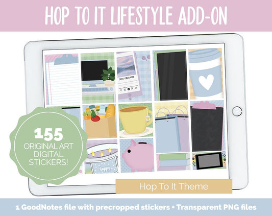 Hop to It Lifestyle Add-On Digital Stickers | GoodNotes & iPad | TV, Playlist, Travel, Reading, Work, Groceries