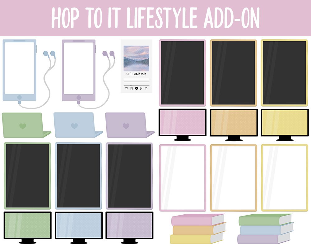 Hop to It Lifestyle Add-On Digital Stickers | GoodNotes & iPad | TV, Playlist, Travel, Reading, Work, Groceries