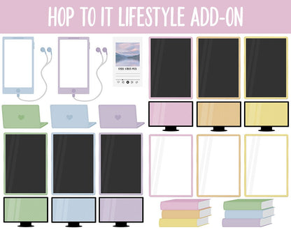 Hop to It Lifestyle Add-On Digital Stickers | GoodNotes & iPad | TV, Playlist, Travel, Reading, Work, Groceries