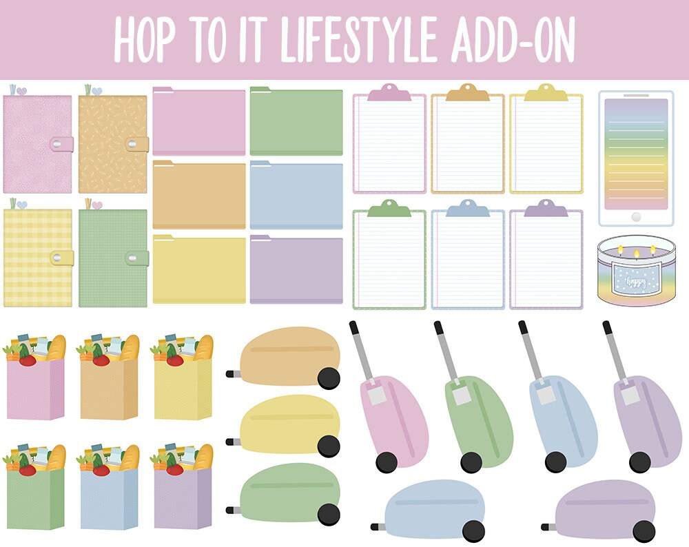 Hop to It Lifestyle Add-On Digital Stickers | GoodNotes & iPad | TV, Playlist, Travel, Reading, Work, Groceries