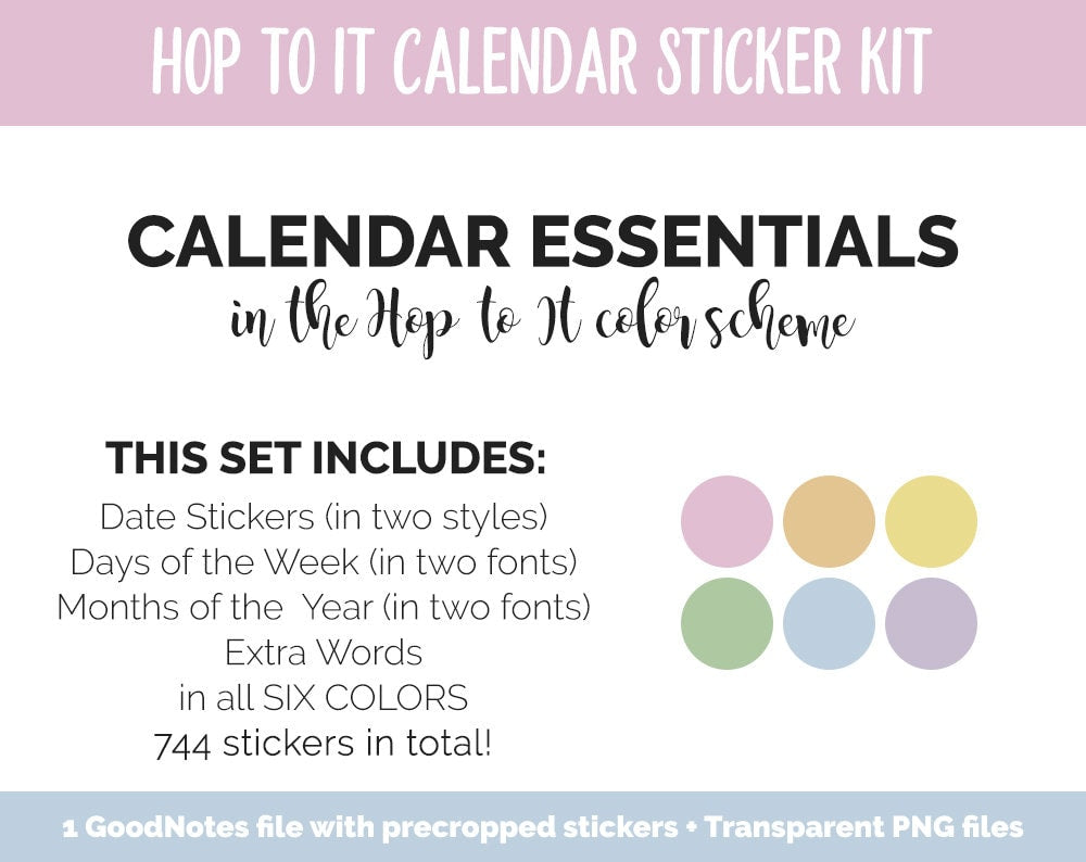 Hop to It Calendar Essentials Digital Planner Stickers | GoodNotes, iPad and Android | Dates, Days of the Week, Months