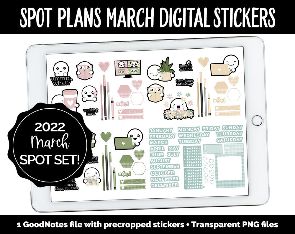 Spot Plans March Digital Stickers | GoodNotes, iPad and Android | Plants, Sassy, Spring, Adulting, Planning
