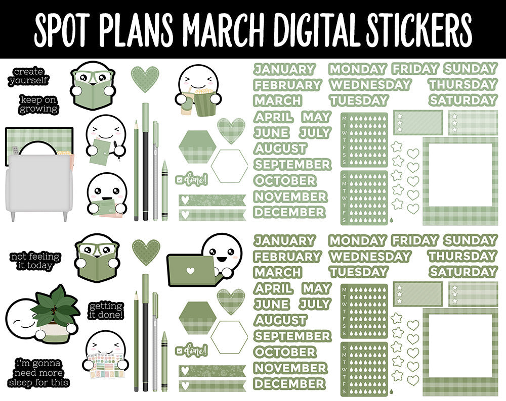 Spot Plans March Digital Stickers | GoodNotes, iPad and Android | Plants, Sassy, Spring, Adulting, Planning