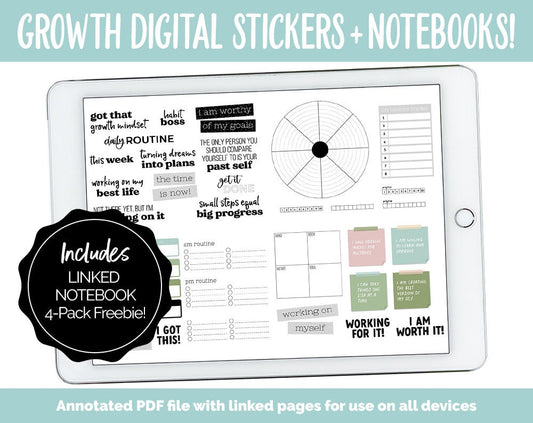 Growth Digital Stickers and Digtal Notebook 4-Pack | GoodNotes & iPad | Affirmations, Personal Development, Postive Sayings