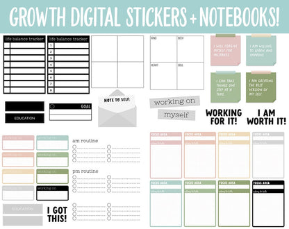 Growth Digital Stickers and Digtal Notebook 4-Pack | GoodNotes & iPad | Affirmations, Personal Development, Postive Sayings