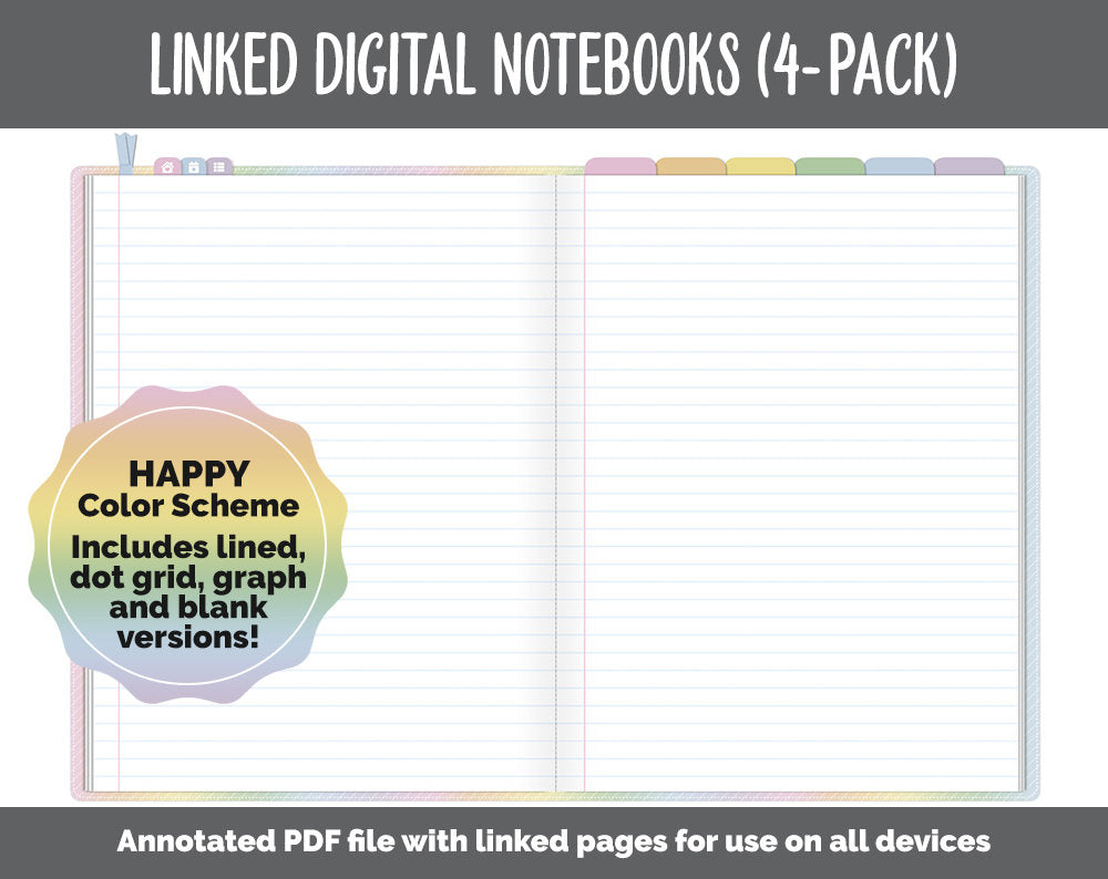 Linked Digital Notebooks 4- Pack | Happy Theme | GoodNotes, iPad & Android