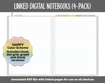Linked Digital Notebooks 4- Pack | Happy Theme | GoodNotes, iPad & Android